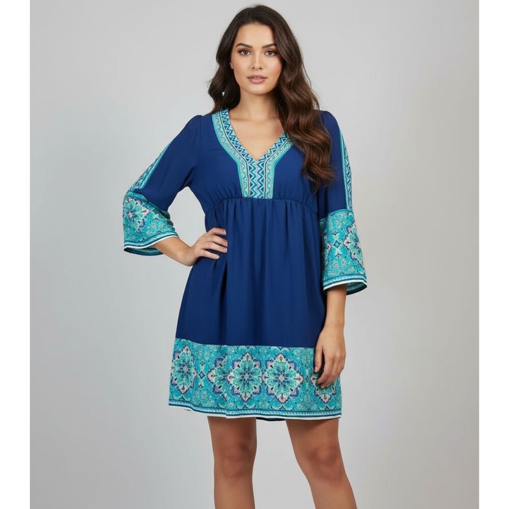 Boho Floral V-Neck Bell Sleeve Tunic Dress – Blue Teal – Small – Festival Style